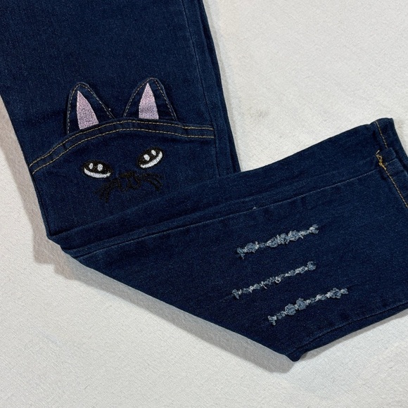 YWBY  Girls Stretch Blue Jeans with Cat Embroidery Accents Pull-on High Rise - Picture 5 of 13